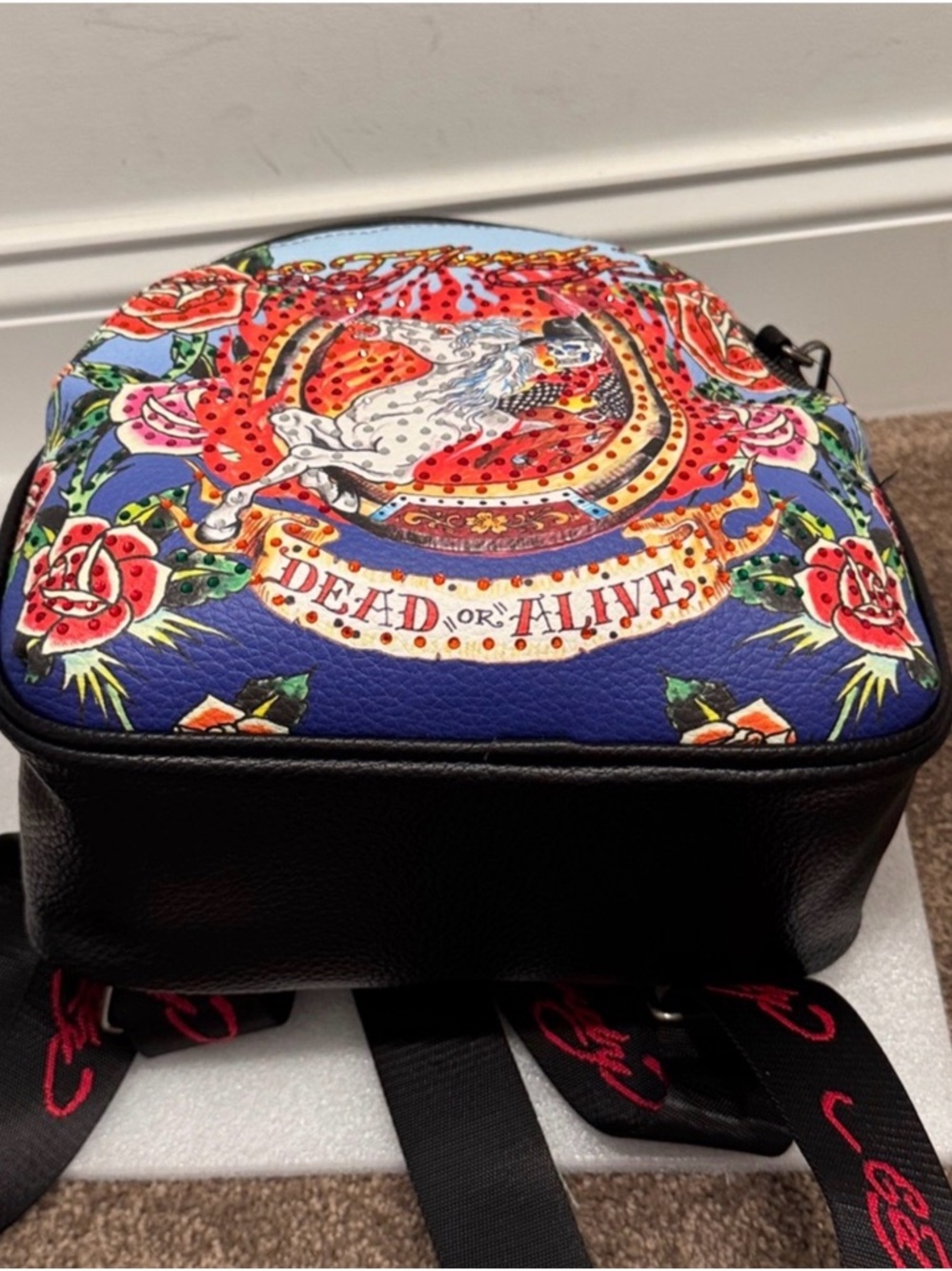 Ed Hardy Black Mini Backpack with rhinestone horse roses skull decor NWT
